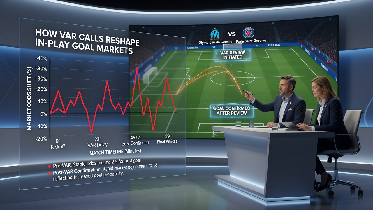 Ligue 1 pitch with VAR monitor station and in-play betting odds board visible in foreground
